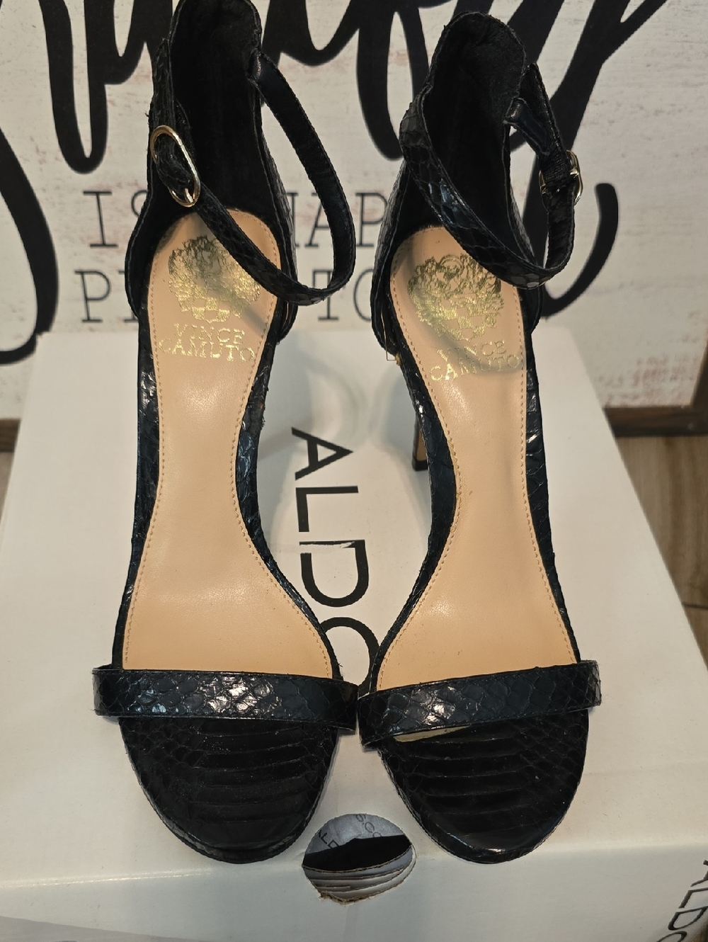 ALDO Black Textured Ankle-Strap Stiletto Heels & Vince Camuto Heels Both 7.5 - Picture 8 of 12